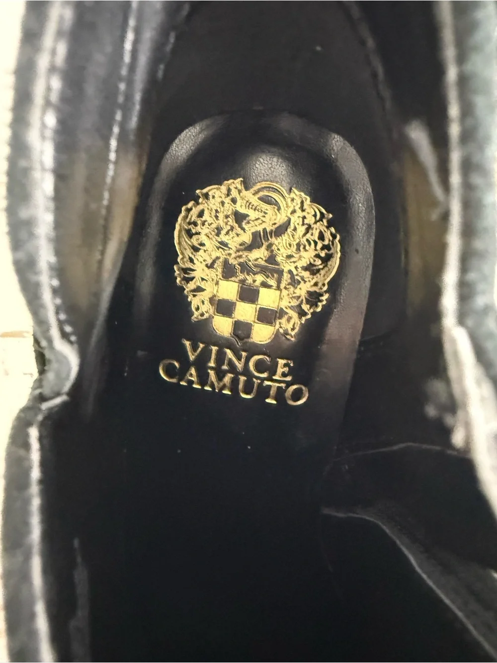 Vince Camuto Black Suede Ankle Booties with Gold Heel Plate